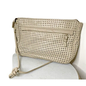 Vintage Brio 80s Shoulder Crossbody Bag Leather Hobo Style Perforated Tan Beige